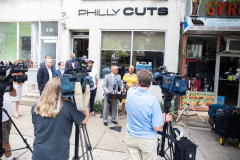 August 19, 2021: Senator Sharif Street joins Senator Vincent Hughes , House Democratic Leader Joanna McClinton, industry professionals and Neil Weaver, deputy secretary at the state Department of Community and Economic Development to announce $20 million in relief funding for image and hair care businesses