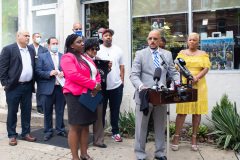 August 19, 2021: Senator Sharif Street joins Senator Vincent Hughes , House Democratic Leader Joanna McClinton, industry professionals and Neil Weaver, deputy secretary at the state Department of Community and Economic Development to announce $20 million in relief funding for image and hair care businesses