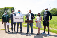 August 25, 2021: Sen. Sharif Street presents a check  to the Shane Victorino Nicetown Boys and Girls Club to rehab a field adjacent to the club to provide safe outdoor recreation for its members.  The club was renamed after the former Phillies centerfielder’s foundation committed $1 million to rehab the indoor facility a decade ago.