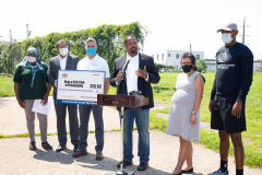 August 25, 2021: Sen. Sharif Street presents a check  to the Shane Victorino Nicetown Boys and Girls Club to rehab a field adjacent to the club to provide safe outdoor recreation for its members.  The club was renamed after the former Phillies centerfielder’s foundation committed $1 million to rehab the indoor facility a decade ago.