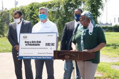 August 25, 2021: Sen. Sharif Street presents a check  to the Shane Victorino Nicetown Boys and Girls Club to rehab a field adjacent to the club to provide safe outdoor recreation for its members.  The club was renamed after the former Phillies centerfielder’s foundation committed $1 million to rehab the indoor facility a decade ago.