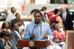 June 15, 2021: Senator Sharif Street speaks at  Toni Morrison Bench Dedication Harrisburg as part of first African American monument